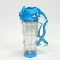 Бутылка для воды пластиковая с голубая крышкой с ремешком и носиком под полиграфическую вставку 460 мл